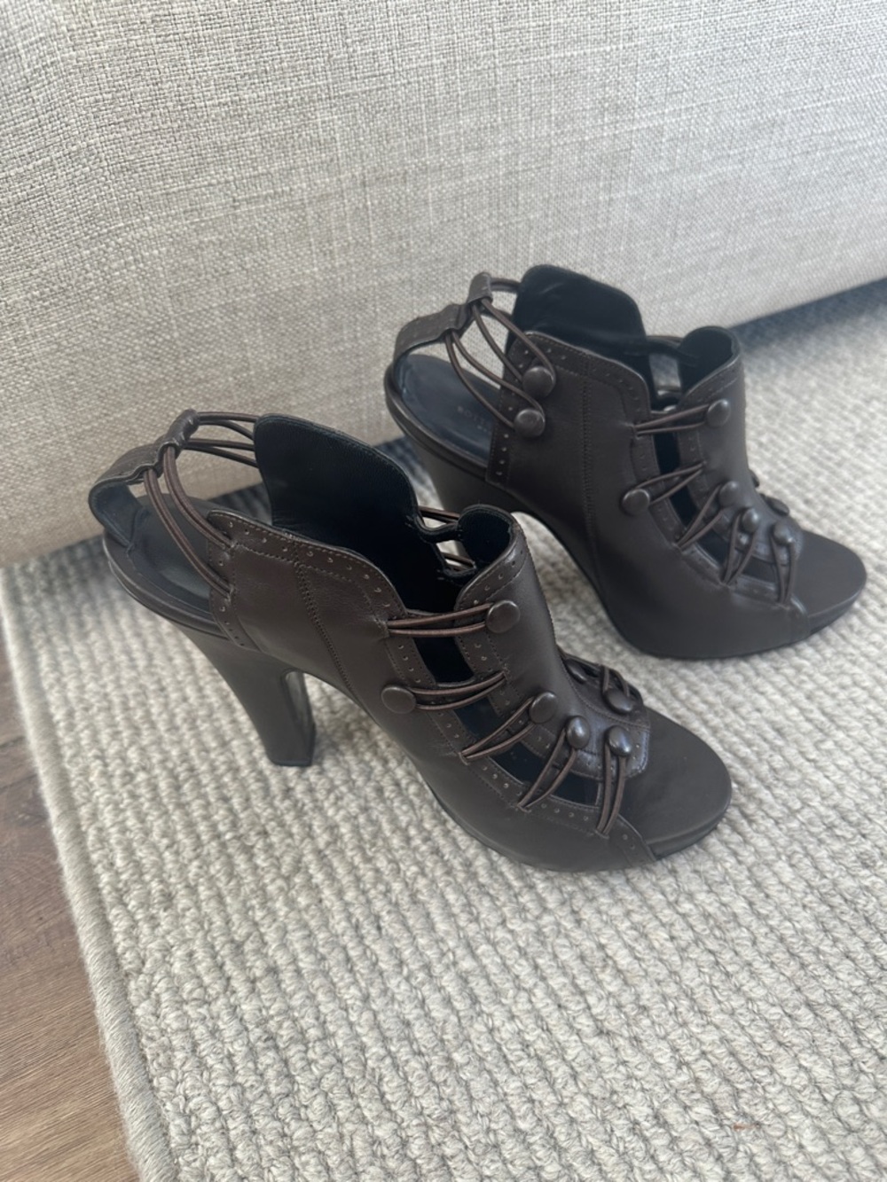 Bottega Veneta Brown Strappy Peep-Toe High Heels